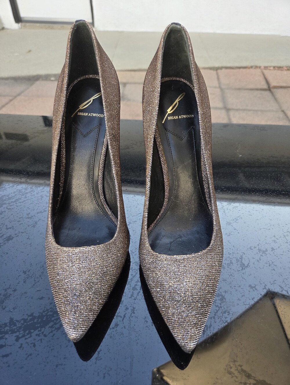 B Brian Atwood Silver Metallic Heels 7.5.